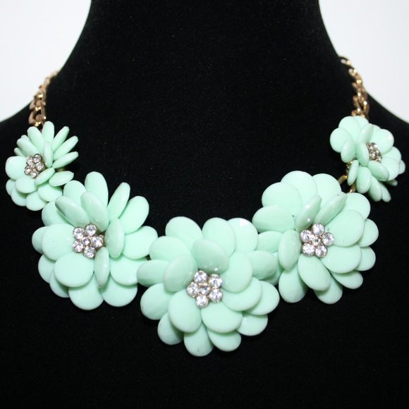 Beautiful gold pastel green and CZ flower necklace